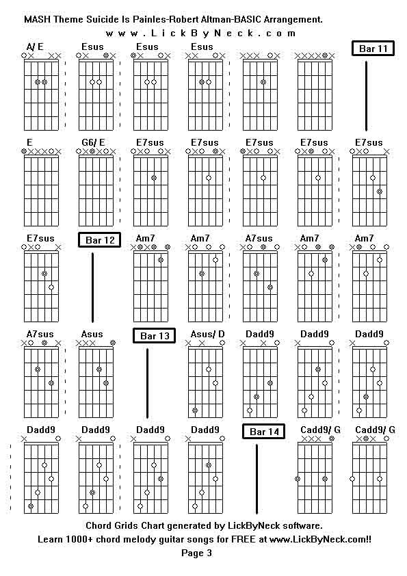 Chord Grids Chart of chord melody fingerstyle guitar song-MASH Theme Suicide Is Painles-Robert Altman-BASIC Arrangement,generated by LickByNeck software.